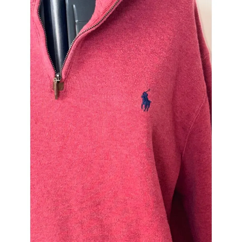 Polo Ralph Lauren Mens Red Heather 1/4 Quarter Zip Cotton Sweater Size L Pony